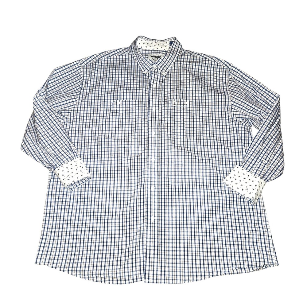Wrangler George Strait Shirt Mens XXL White Blue Plaid Paisley Cuff Long Sleeve
